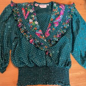 Susan Freis Vintage Dot Ruffle V-Neck Blouse with Floral Trim